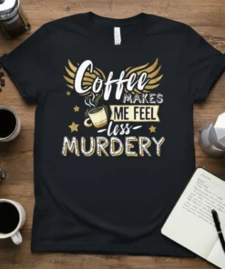 Coffee Makes Me Feel Less Murdery quote on a black t-shirt with gold wings and coffee cup graphic