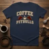 Coffee Pitbulls t-shirt design featuring vintage text and two Pitbull profiles with a coffee cup in between