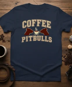 Coffee Pitbulls t-shirt design featuring vintage text and two Pitbull profiles with a coffee cup in between