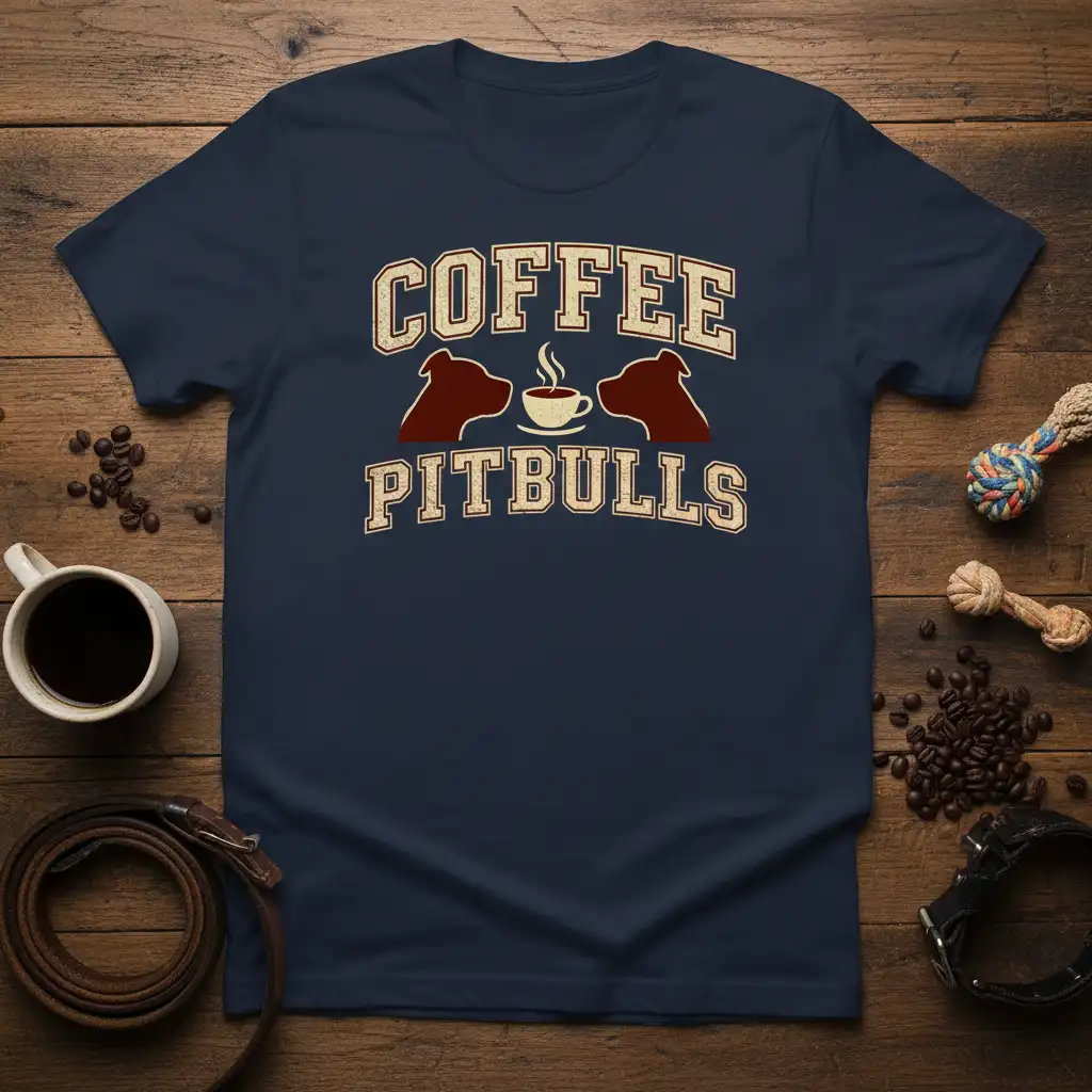 Coffee Pitbulls vintage design with two Pitbull dog silhouettes and a coffee cup graphic