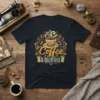 Coffee & Quilting text with a steaming coffee cup and sewing spools graphic on a dark t-shirt