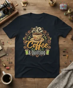 Coffee & Quilting text with a steaming coffee cup and sewing spools graphic on a dark t-shirt