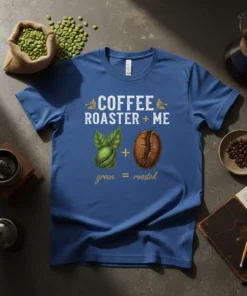 Coffee Roaster + Me Green = Roasted t-shirt design featuring coffee beans and text