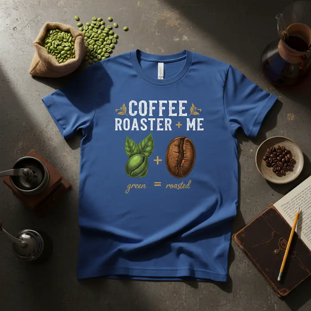 Coffee Roaster + Me Green = Roasted text and coffee bean graphic on a blue t-shirt