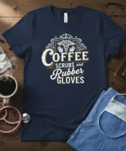 Navy t-shirt with "Coffee Scrubs and Rubber Gloves" text and a Caduceus symbol graphic