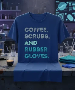 COFFEE, SCRUBS, AND RUBBER GLOVES. detailed graphic design printed on comfortable cotton t-shirt