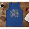 Blue tank top with "Coffee, Tea & Jesus" repeated in pastel colors, surrounded by coffee beans and leaves