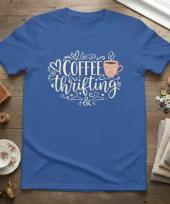 Blue t-shirt with "COFFEE thrifting &" text and a coffee cup graphic