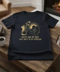 Black t-shirt with gold text "Coffee And My Wife Solve Most Of My Problems" and graphics of a moka pot