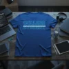 Blue t-shirt with "COLLEGE STUDENT" text in pixelated blue font, suitable for students