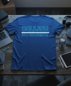 Blue t-shirt with "COLLEGE STUDENT" text in pixelated blue font, suitable for students