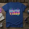 Retro "College Vibes" text design with stars and flowers, printed on a royal blue t-shirt