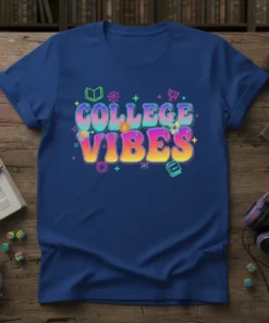 Retro "College Vibes" text design with stars and flowers, printed on a royal blue t-shirt