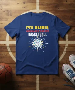Colombia Basketball text design with Colombian flag colors and a stylized basketball graphic