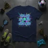 COLOR SPLASH SOCCER text design with a soccer ball and vibrant neon lines, navy t-shirt