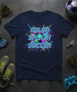 COLOR SPLASH SOCCER text design with a soccer ball and vibrant neon lines, navy t-shirt