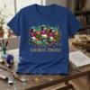 Colorful Finches t-shirt design featuring three vibrant finch birds perched on a branch with ornate text below