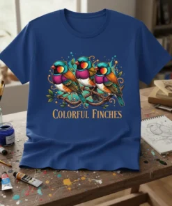 Colorful Finches t-shirt design featuring three vibrant finch birds perched on a branch with ornate text below