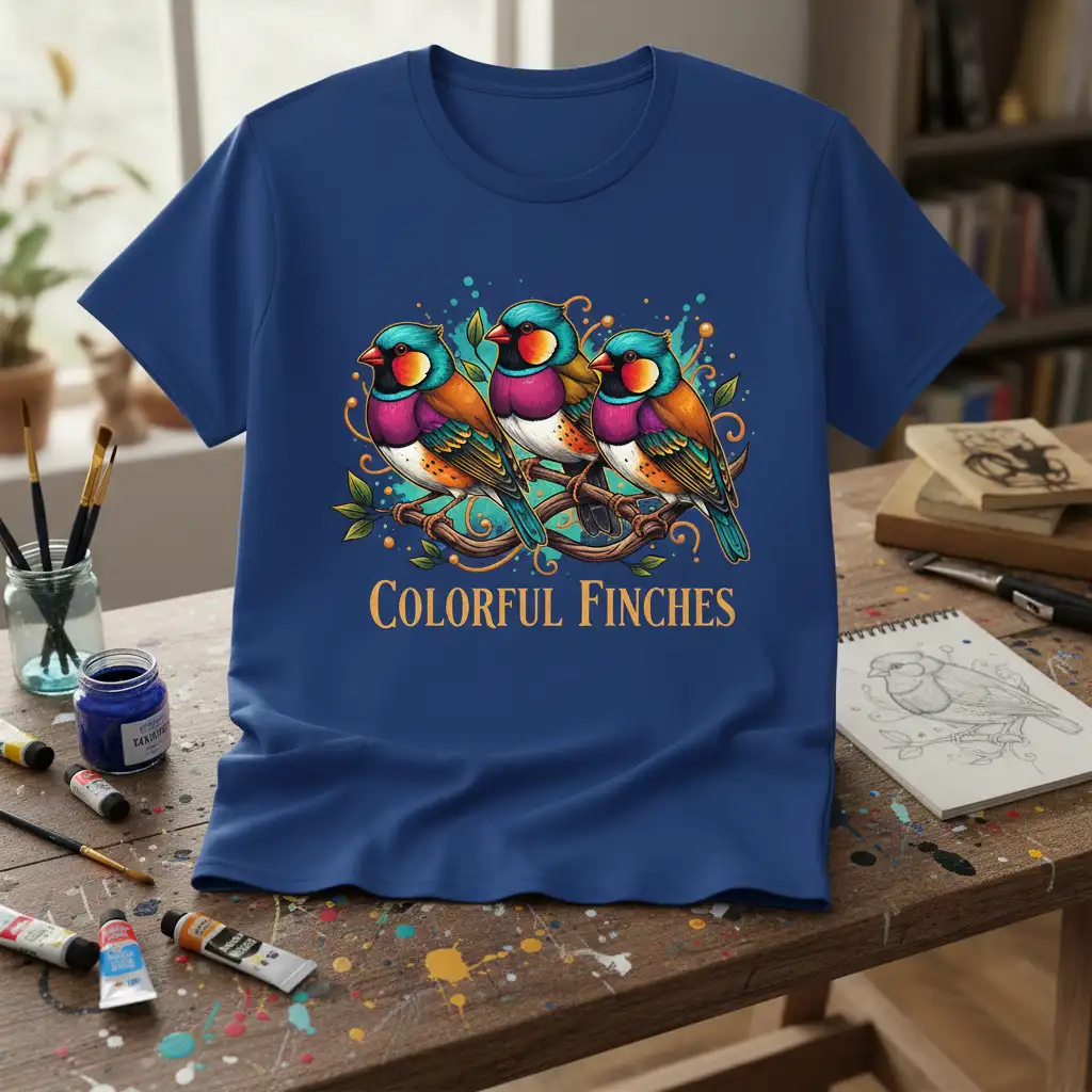 Colorful Finches bird illustration with ornate golden text on a dark blue t-shirt