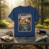 Columbia Est 1821 vintage t-shirt design featuring a mountain range, winding river, and sunset in a circular emblem