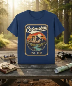 Columbia Est 1821 vintage t-shirt design featuring a mountain range, winding river, and sunset in a circular emblem