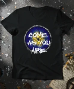 Come As You Are quote printed in white distressed font inside a blue and yellow circular graphic design on a