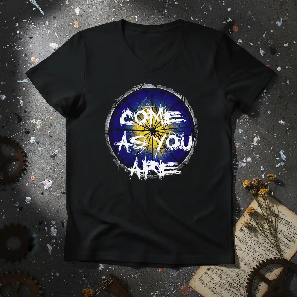Come As You Are quote graphic tee with distressed white lettering on a blue and yellow abstract circular design