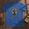 Blue t-shirt with "Come At Me Bro" text above a detailed medieval knight in armor with arms outstretched