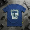 Come At Me Bro wolf graphic t-shirt with aggressive wolf head and bold lettering