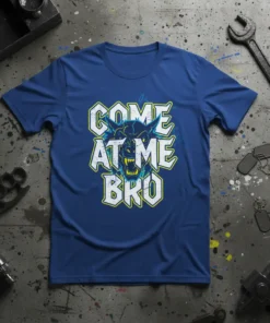 Come At Me Bro wolf graphic t-shirt with aggressive wolf head and bold lettering