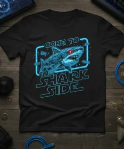Come to the Shark Side text with a robotic shark graphic on a black t-shirt