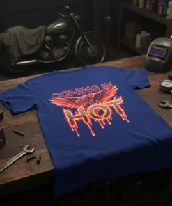 Coming In Hot t-shirt with a fiery dragon graphic and dripping text design
