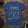 T-shirt design showcasing common types of swords with the quote "You Killed My Father, Prepare to Die Sword"