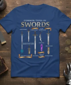 T-shirt design showcasing common types of swords with the quote "You Killed My Father, Prepare to Die Sword"