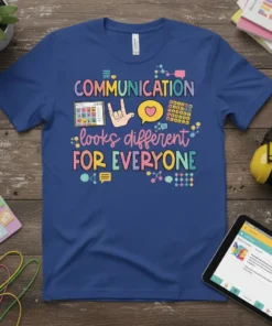 T-shirt with "COMMUNICATION looks different FOR EVERYONE" text and graphics representing diverse communication methods like ASL and AAC devices