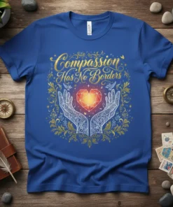 Compassion Has No Borders quote with hands holding a glowing heart and floral border on a blue t-shirt