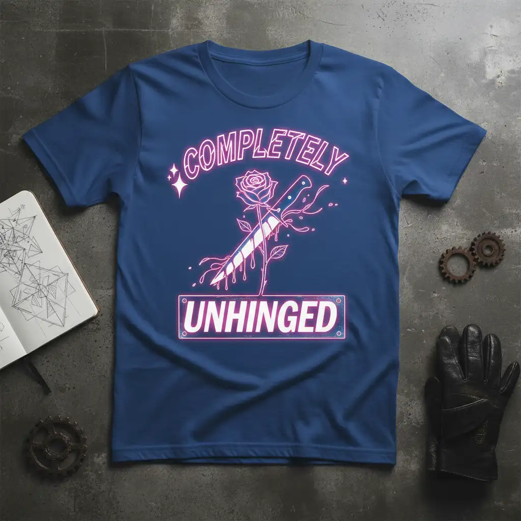 Completely Unhinged neon quote graphic with a rose and dripping knife design on a dark blue t-shirt