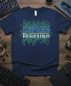 Computer Whisperer T-Shirt featuring blue and white text on a navy shirt, surrounded by a green circuit board design