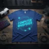 Computer Whisperer T-Shirt with neon blue circuit design and text, ideal for tech experts and programmers