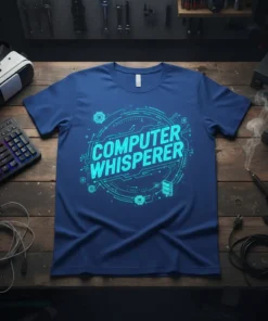 Computer Whisperer T-Shirt with neon blue circuit design and text, ideal for tech experts and programmers