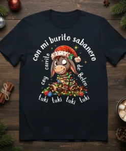 Christmas donkey wearing Santa hat, wrapped in lights, with text "con mi burrito sabanero coy carrito de Belen tuki tuki