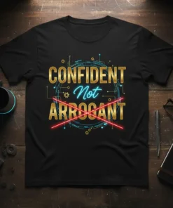 CONFIDENT Not ARROGANT quote t-shirt with gold and neon blue text, featuring red cross-out lines