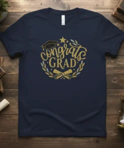 Navy blue t-shirt with gold "Congrats GRAD" text, graduation cap, stars, and laurel wreath graphic