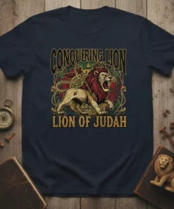Conquering Lion Lion of Judah bold graphic design printed on comfortable cotton t-shirt