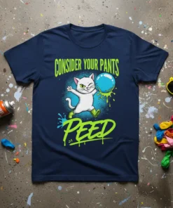 Consider Your Pants Peed cat t-shirt design with a white cat holding a blue bubble