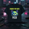 Consider Your Pants Peed funny cat meme t-shirt design featuring a colorful, glitch-art style cat face