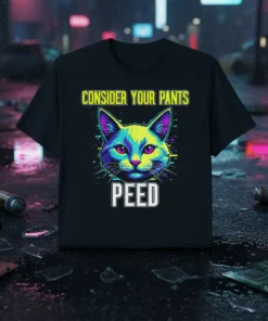 Consider Your Pants Peed funny cat meme t-shirt design featuring a colorful, glitch-art style cat face