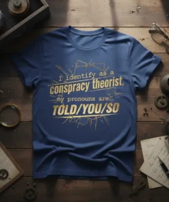 Blue t-shirt with gold text reading "I identify as a conspiracy theorist, my pronouns are... TOLD/YOU/SO"