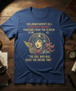T-shirt with the quote "I NO LONGER IDENTIFY AS A CONSPIRACY THEORIST..." and an illustration of a retro aviator girl