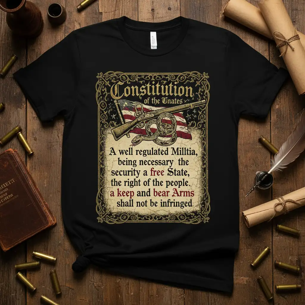 A well regulated Militia, quote printed with creative illustration on durable material t-shirt design